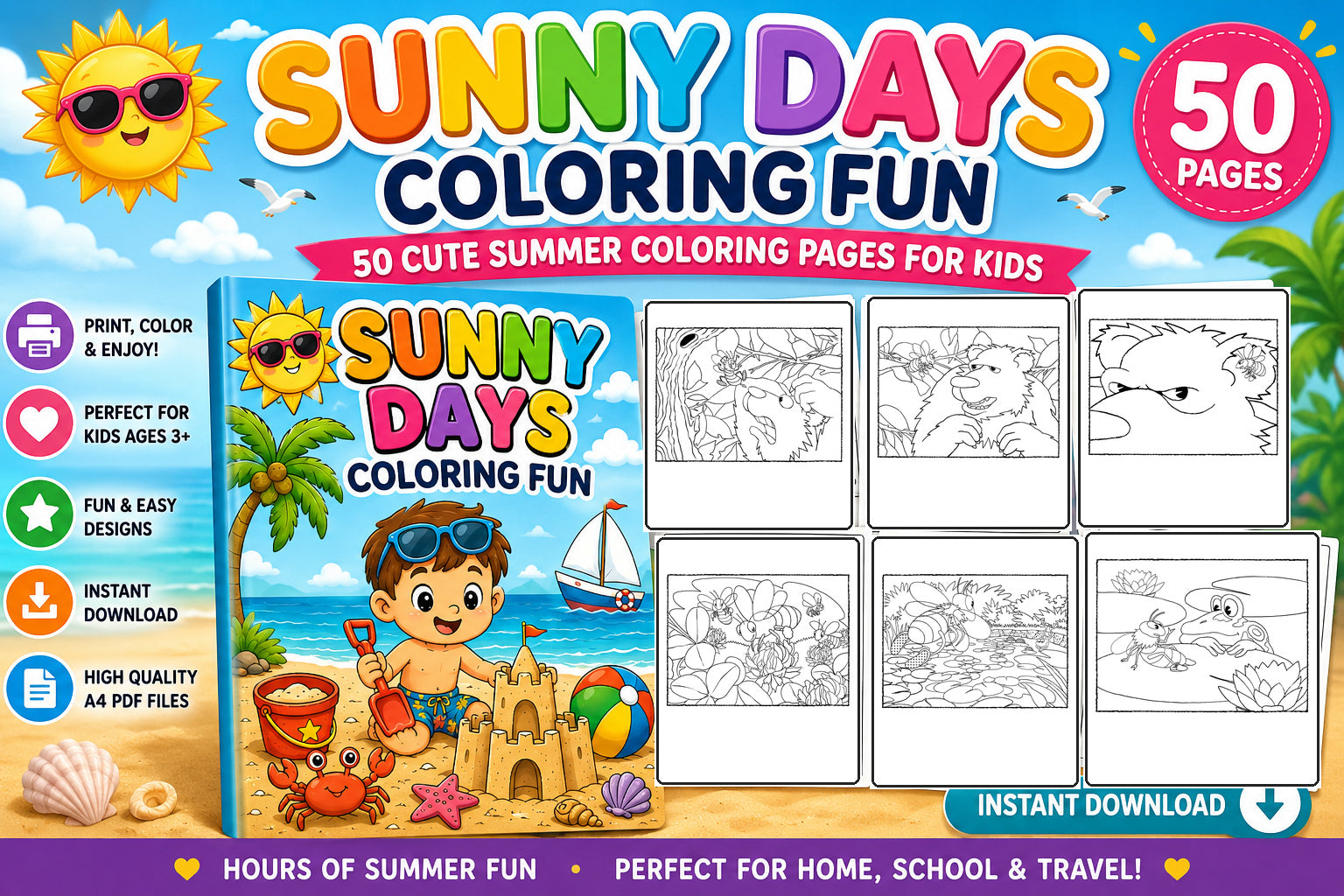 **Sunny Days Coloring Fun – 50 Cute & Easy Printable Coloring Pages for Kids** 🌈🖍️