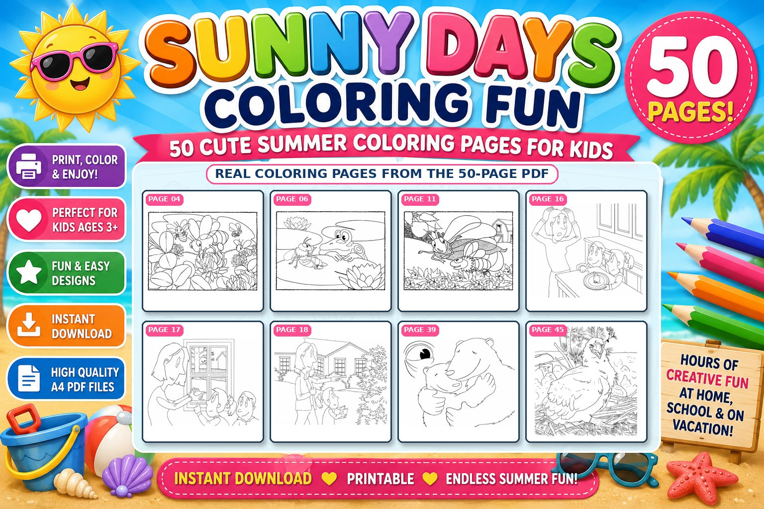 **Sunny Days Coloring Fun – 50 Cute & Easy Printable Coloring Pages for Kids** 🌈🖍️