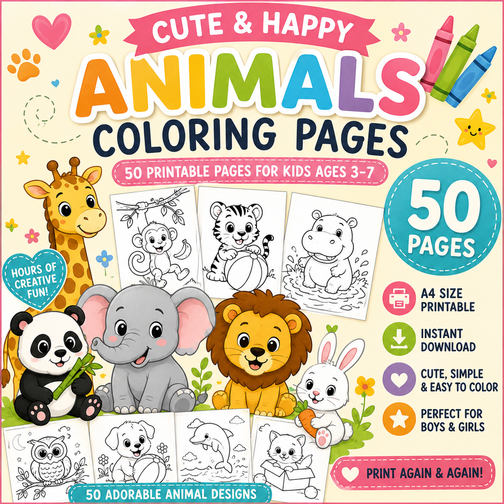 Cute and Happy Animals Coloring Book