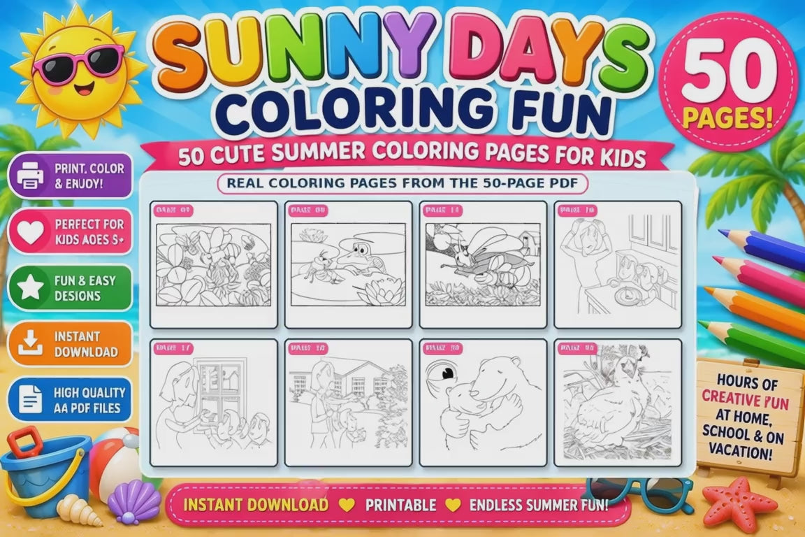 **Sunny Days Coloring Fun – 50 Cute & Easy Printable Coloring Pages for Kids** 🌈🖍️